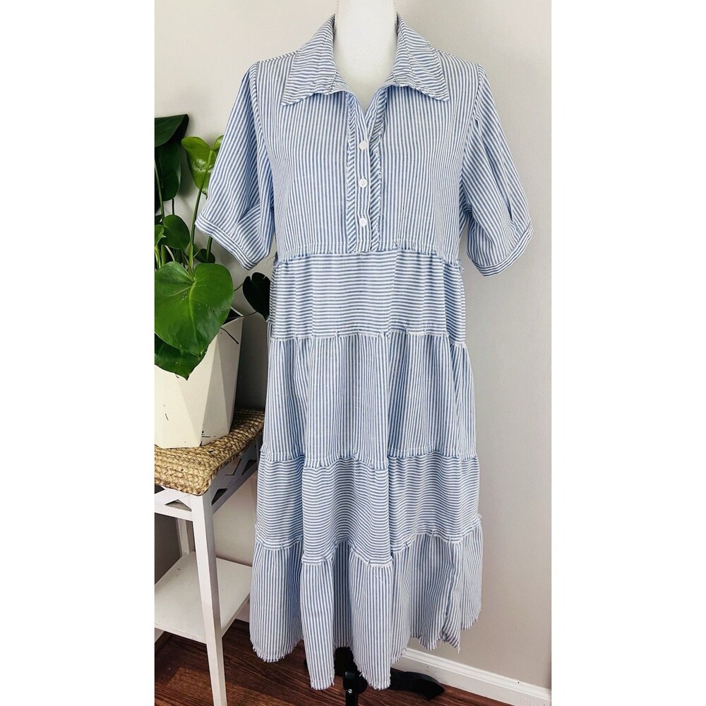 Umgee Blue White Striped Tiered Midi Dress Boho Coastal Cottagecore Medium